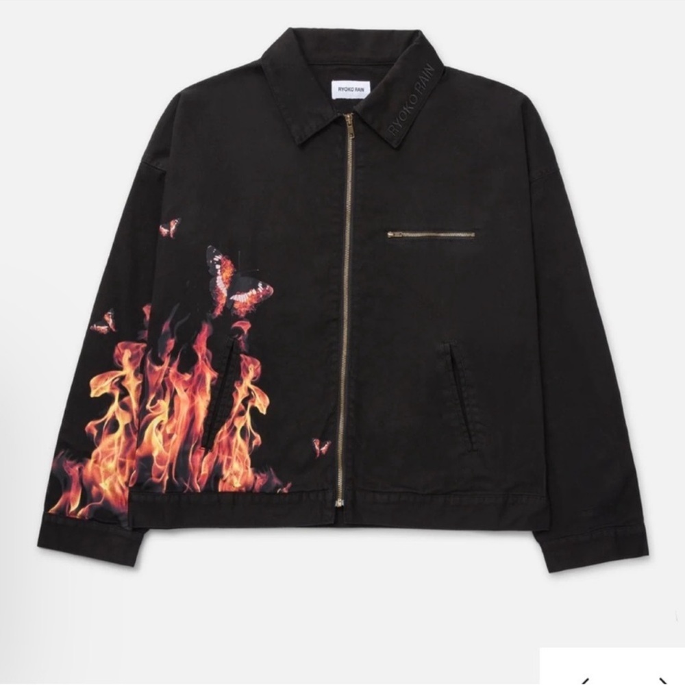 Ryoko Rain work Jacket Black with Flame and Butterfly Design Large Men's Bomber